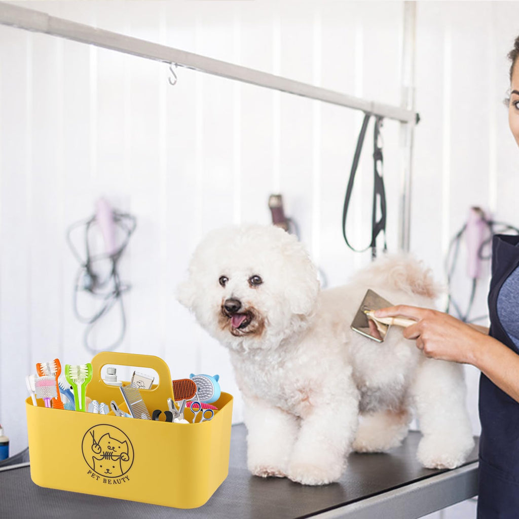 Brabtod Dog Storage Organizer for Grooming Supplies,Portable Caddy Organizer for Pet Stuff,Divided Storage Bin for Dog Cat Grooming Kit,Dog Stuff Organizer with Handle for Shampoo,Clipper,Comb-Yeloow