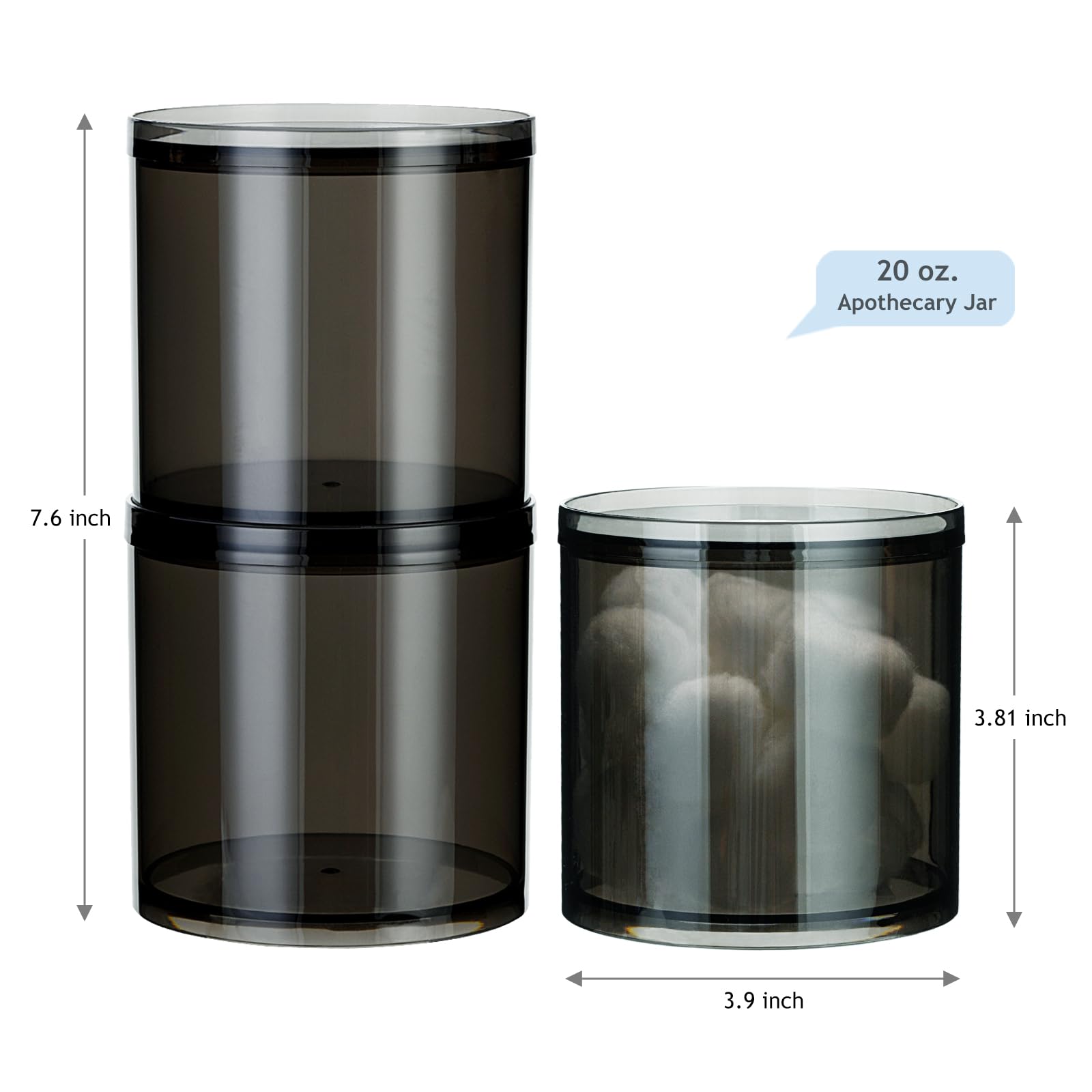 SheeChung 2-Pack Large 20oz Black Stackable Qtip Holder - Translucent Apothecary Jars with Storage Lids - Modern Bathroom Countertop Organizer for Cotton Balls, Pads, & Salts