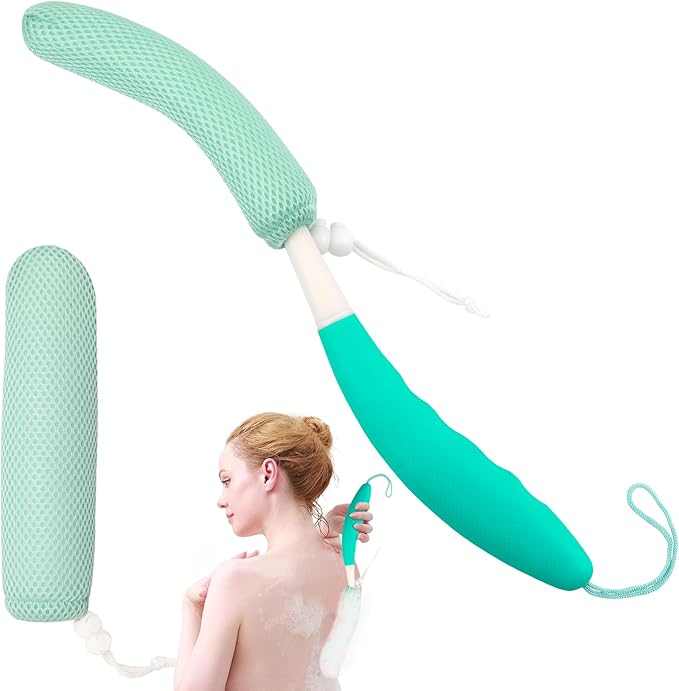 KkaFFe 15.35" Back Bath Brush with Sponge,Back Scrubber Bath Mesh with Anti-Slip Curved Long Handle Bath Body Brush for Elderly Aid Bathing and Shower