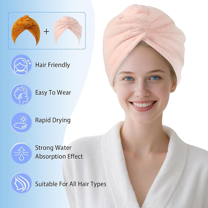 Microfiber Hair Drying Towel Wrap for Women, Hair Turbans Towel for Wet Hair,turbie Twist Hair Towels(The Color of the Picture is for Reference only) (Light Pink,Apricot Yellow)