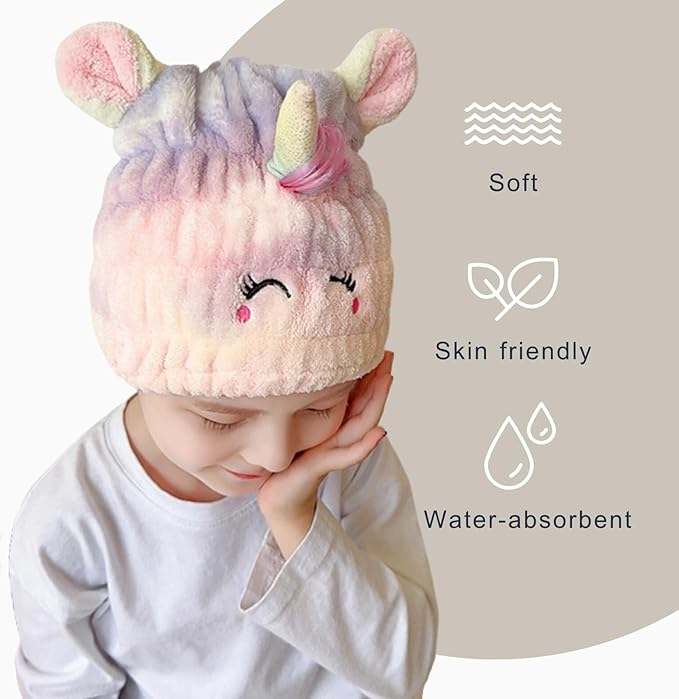LCBD Microfiber Hair Towel Wrap for Kids, Unicorn Dry Hair Cap Suck Water, Absorbent Quick Girls Boys Hair Drying Towel, Lightweight Bouncy Hat Headscarf for Wet Hair