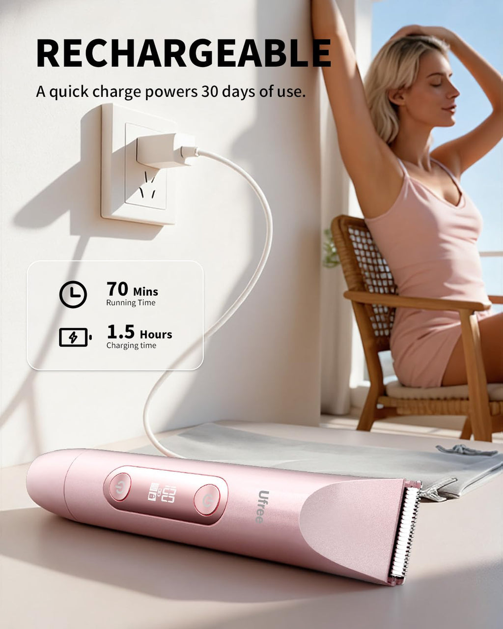 Ufree Bikini Trimmer Electric Razor for Women, Dual Head Rechargeable, Pink