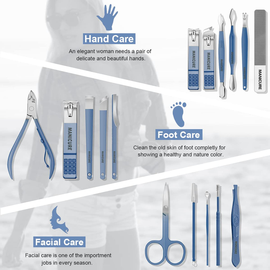 Manicure Set Professional Nail Clippers Pedicure Kit, 16 pcs Stainless Steel Nail Care Tools Grooming Kit with Luxurious Travel Leather Case for Thick Nails Men Women Gift (Blue)
