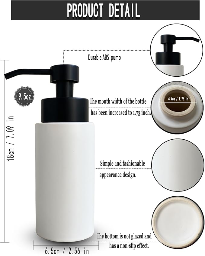 UNBONSOUHAIT 9.5 Oz Foaming Soap Dispenser for Bathroom,Kitchen Foam Soap Dispenser,Refillable Modern Foam Pump Bottle,Black Ceramic Foaming Hand Pump Dispenser (White)
