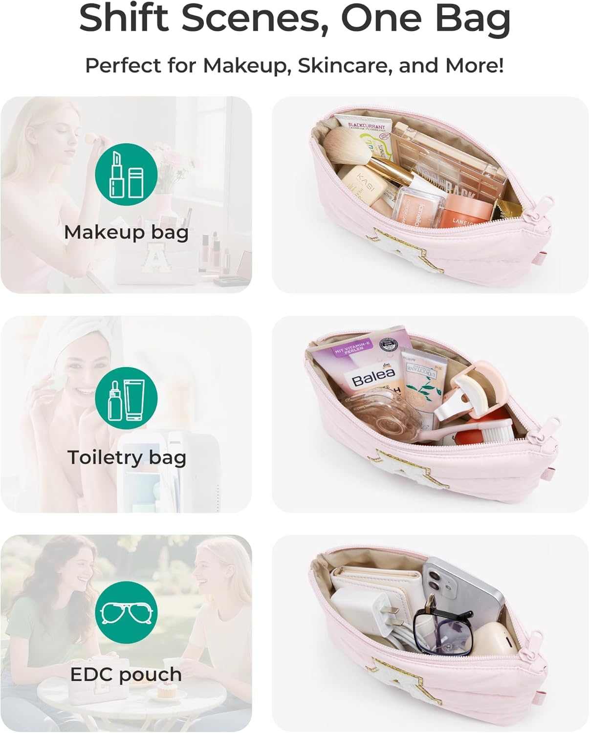 BAGSMART Personalized Makeup Bag, Machine Washable Puffy Cosmetic Pouch