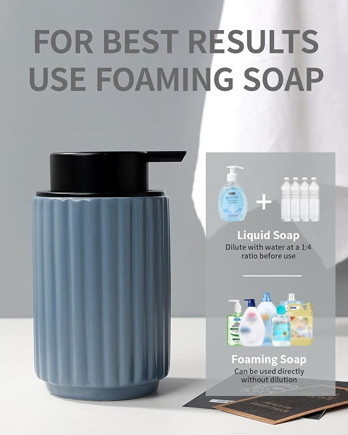 Foaming Soap Dispenser, Ceramic Foam Hand Soap Dispenser with Stripe Design for Kitchen or Bathroom, Refillable Dish Lotion Dispenser, Gray Blue, ANTIS'S HOME