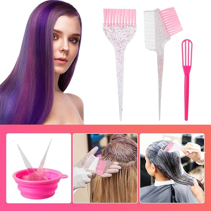 MOONMINI Hair Dye Color Brush and Bowl Set, Color Bowl Brushes Tool Mixing Bowl Kit Tint Comb for Hair Tint Dying Coloring Applicator (Pinky&Clear)