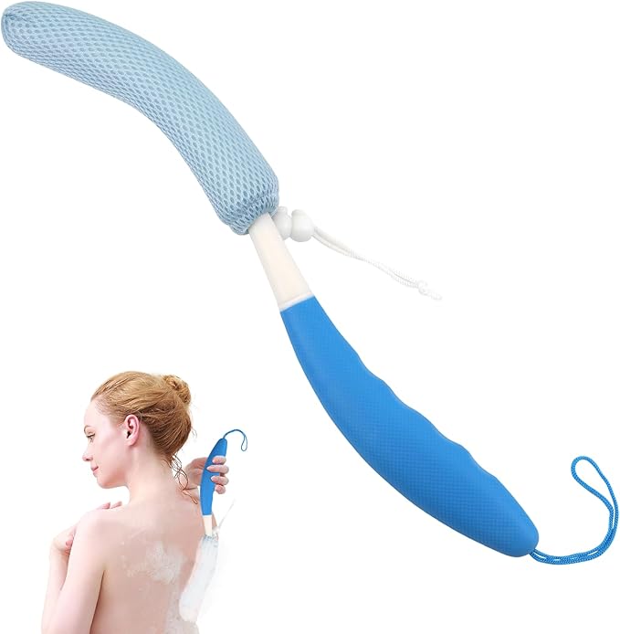 KkaFFe Back Scrubber for Shower，Mesh Sponge Body Shower Brush with Long Handle for Use in Shower Back Scrubber,Back Scrub for Exfoliating Body Scrubber or Shower Brush (Blue and Blue)