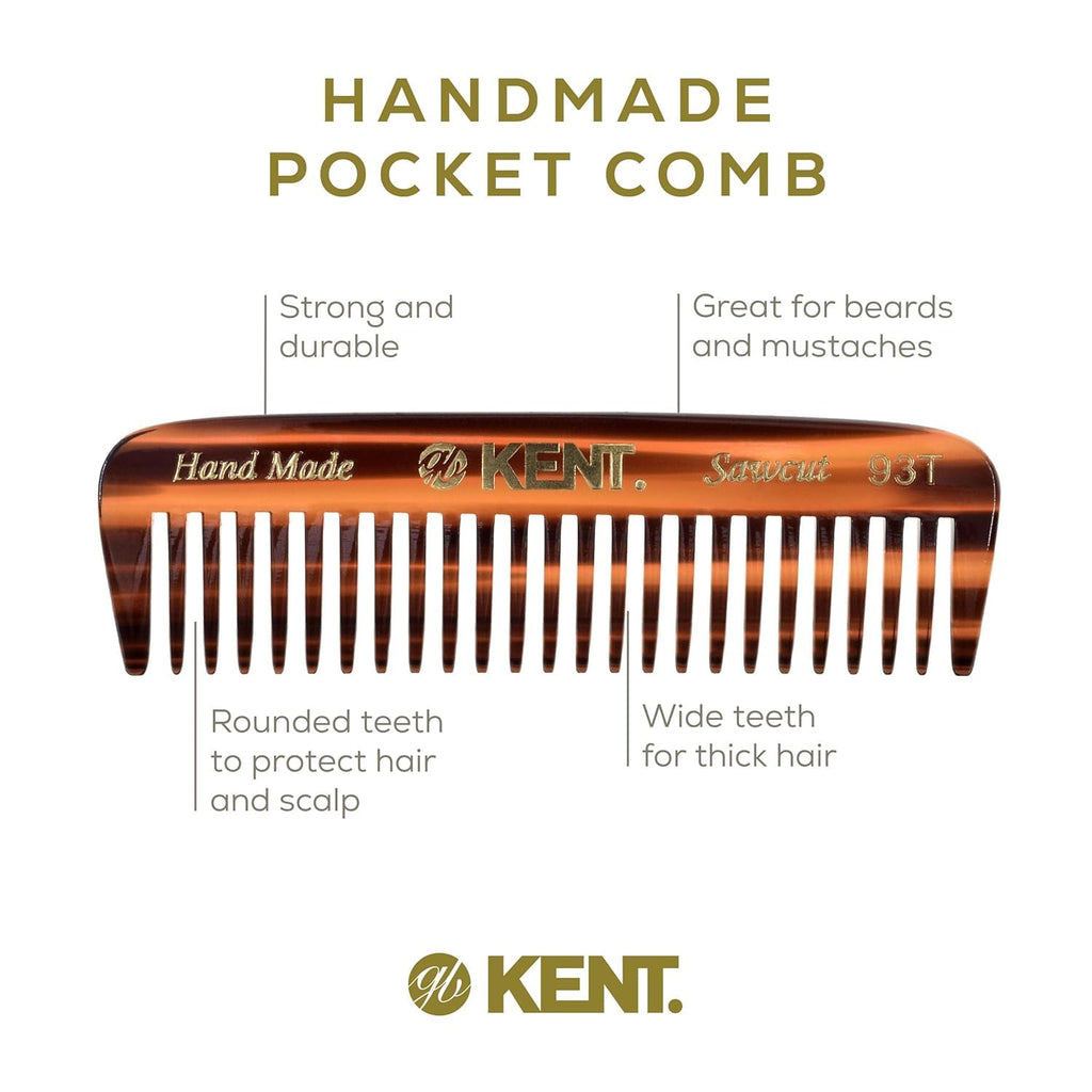 Kent 93T-93T G Wide Tooth Small Comb for Men's Mustache and Beard Grooming, Pocket Sized Detangler Travel Comb, Saw-Cut and Polished, Handmade in England