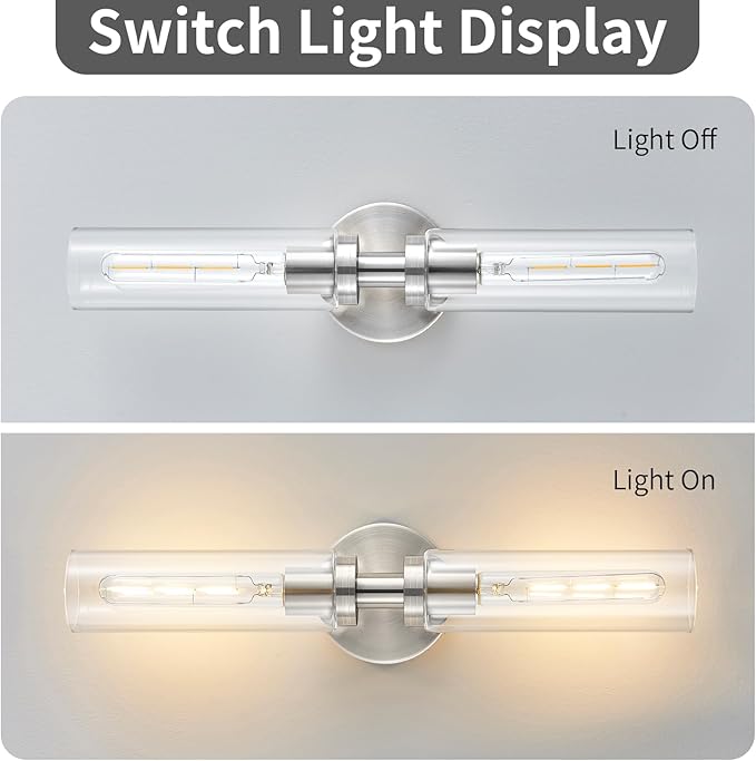 2 Light Bathroom Wall Sconces Set of 2,Modern Farmhouse Brushed Nickel Bathroom Light Fixture Over Mirror with Clear Glass Shade,Vanity Light for Hallway Cabinet Bedroom Stairway Porch