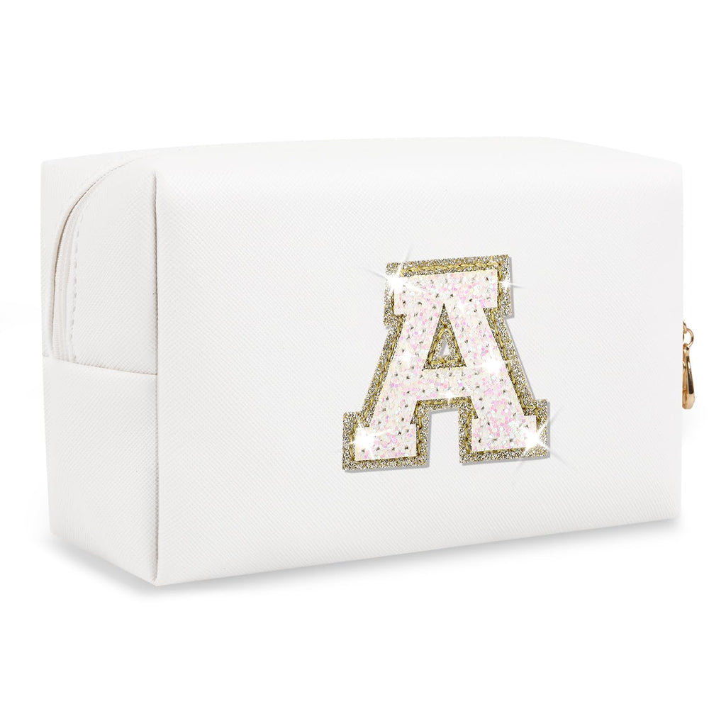 Bride Gifts – Personalized Initial Makeup Bag with Pearl Rhinestone Patch, Preppy White Monogram Cosmetic/Toiletry Pouch, bridesmaid Gifts, Bridal Shower Gifts, Wedding Gifts, Bridal Gifts,U — A