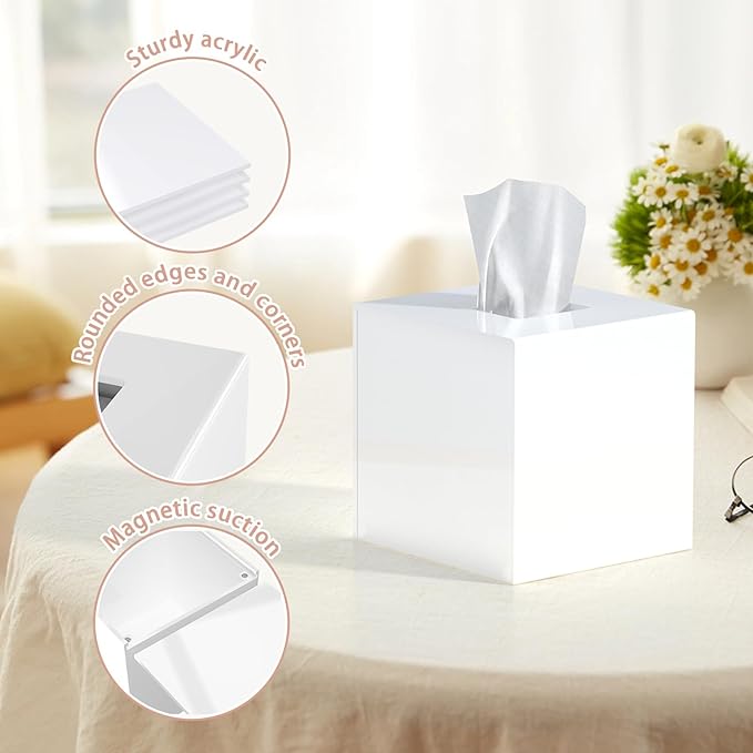 Tissue Box Cover Square, Stylish Acrylic Tissues Holder, Square Facial Tissue Holder, ModernTissue Dispenser for Bathroom Vanity Bedroom Office, Shiny White