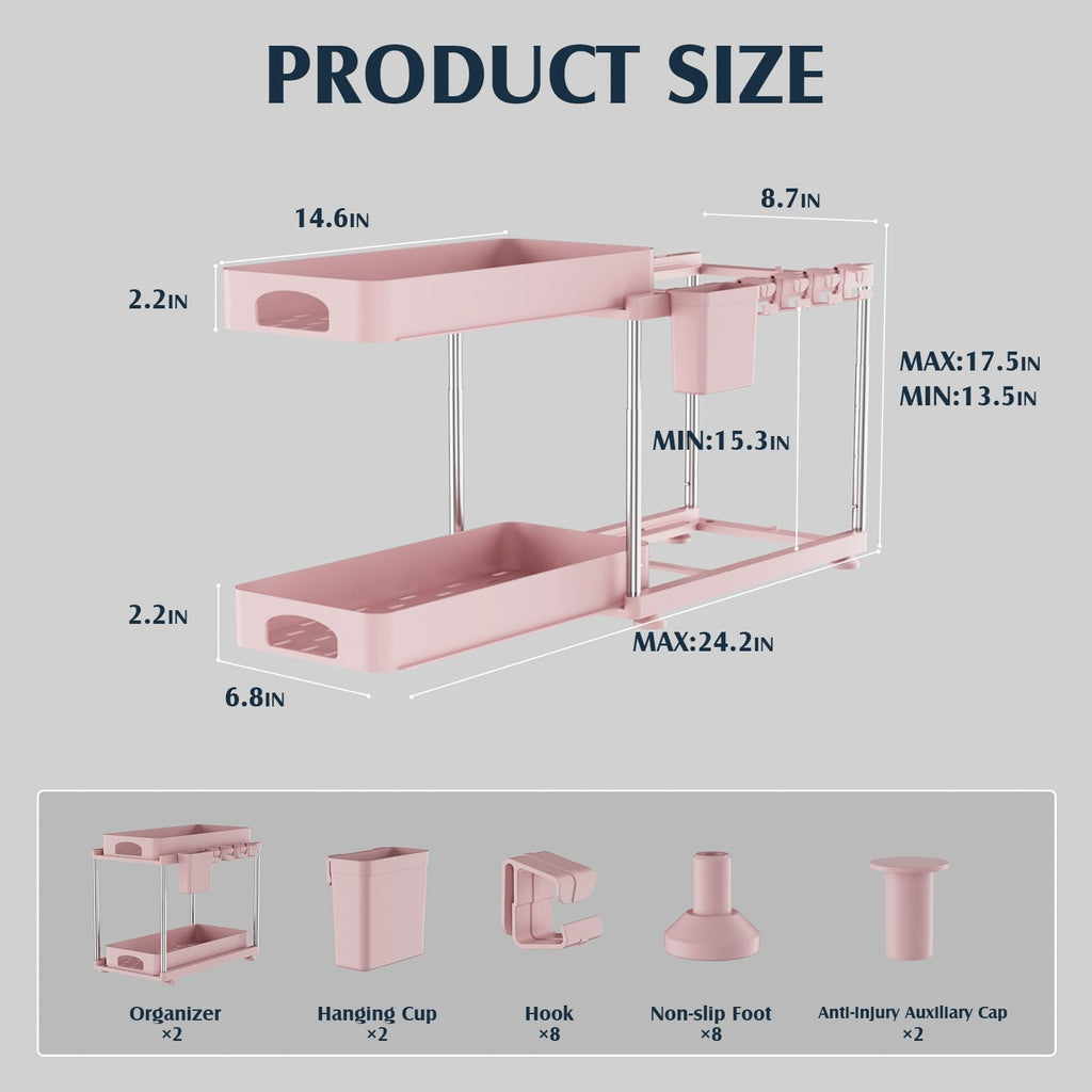 VERIFOST Under Sink Organizer, 2 Pack Kitchen and Bathroom Cabinet Organizer, 2 Tier Adjustable Height Storage, Pink