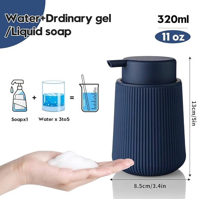 YAUKPH Striped Foaming Hand Soap Dispenser with Leak-Proof Pump for Bathroom and Kitchen Countertop 11oz Navy Blue