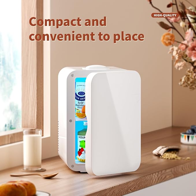 JrostKault Mini Fridge for Bedroom - 8 Liter/8 Can Portable Refrigerator for Car, Office, Dorm - Quiet Cooler & Warmer for Food, Drinks, Makeup & Skincare - AC/DC Power Supply