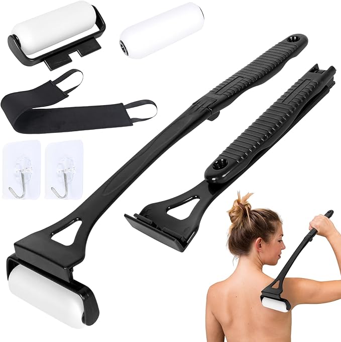 Sunscreen Applicator Set for Woman 18.3” Foldable Application Roller with 2 Reusable Rollers Self Tanner Back Applicator Strip Apply Lotion Cream Ointment Sunless Tanner Beach Essentials (Black)