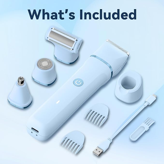 Electric Razors for Women – 4 in 1 Bikini Trimmer with Replaceable Body, Facial, Nose & Foil Shaver Heads, IPX7 Waterproof Pubic Hair Remover, Rechargeable Grooming Kit for Shower & Travel (Blue)