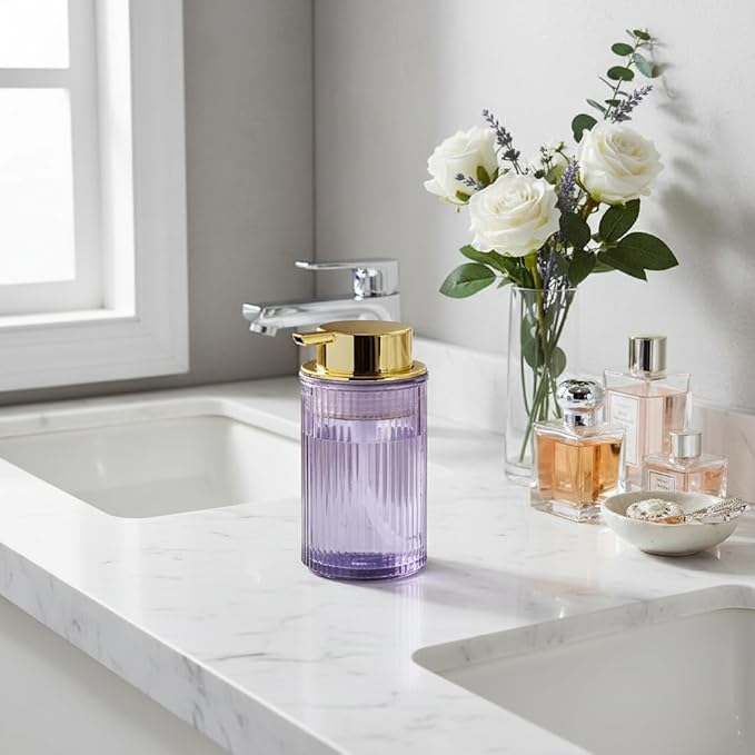 Tonxus Foaming Soap Dispenser, 12 Oz Purple Glass Soap Dispenser, Refillable Liquid Lotion Container Foam Gold Pump Bottle Decorative Modern Slim Ribbed Bottle for Bathroom and Kitchen