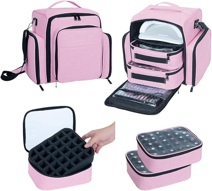 UOZL Nail Polish Organizer Case Hold 60 Bottles with 2 Detachable Bag,Pink