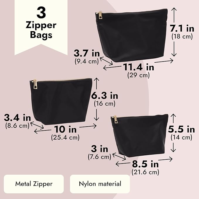 Glamlily 3 Piece Black Makeup Bag Set for Women, Nylon Zipper Cosmetic Pouch Organizers for Travel, Toiletries (3 Sizes)