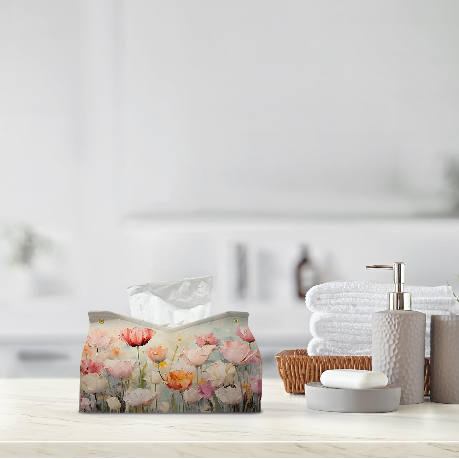 PaJiaNi Spring Floral Leather Tissue Box Cover Rectangle, Tulip Flower Toilet Paper Box Holder,Flower Decorative Facial Paper Case for Farmhouse Living Room Bathroom Kitchen Office Desk,9.8x5.9x5.9In