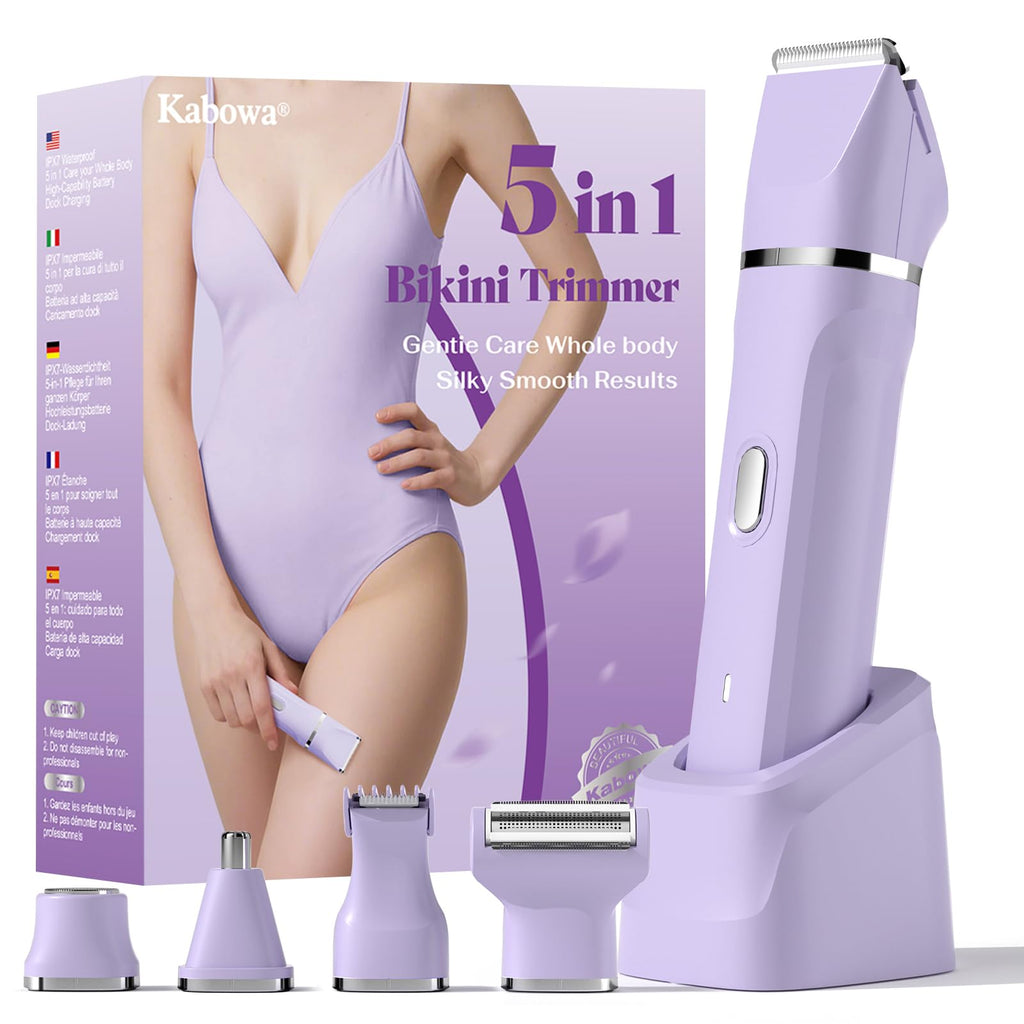 Bikini Trimmer for Women - 5 in 1 Electric Razors for Ladys Pubic Facial Nose Body Leg Hair Removal, Waterproof Electric Shaver for Women Private Area Sensitive Skin, Personal Hair Trimmer-Purple