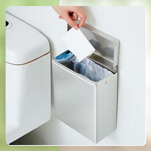 Tioncy 4 Pcs Sanitary Disposal Tampon Napkin Bathroom Receptacle Wall Mounted with Sanitary Receptacle Liner Frame Holder Stainless Steel Mini Bin Restroom Commercial Small Space (Natural Color)