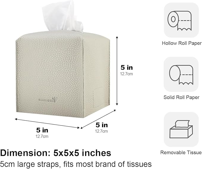 PENGLONG Tissue Box Cover 5X5X5'' PU Leather Tissue Holder Square Tissue Cube Box Organizer for Bathroom Vanity Countertop, Car, Night Stands, Office, Home, Kitchen (1Pack, Lime White)