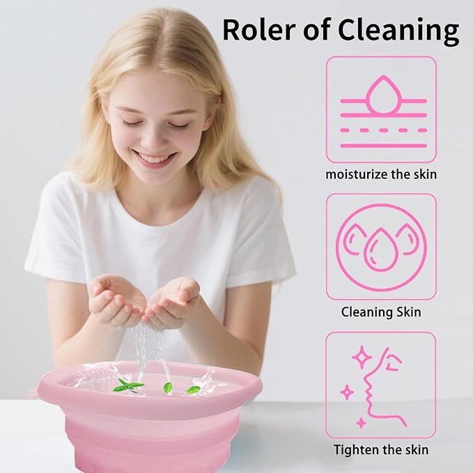 EBIGIC Face Bowl for Ice with Built-in IceTray,Collapsible Silicone Face Ice Bowl – Cold Plunge Therapy for Skin Tightening & Facial Treatment– Portable Spa Tool for Home & Travel（Pink) ﻿