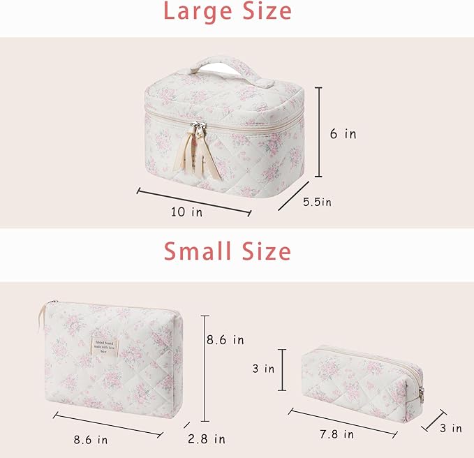 uekeboag 3Pcs Large Travel Quilted Makeup Bag for Women, Floral Cotton Cosmetic Bag, Coquette Aesthetic Floral Toiletry Organizer Bag(3Pcs PinkRose