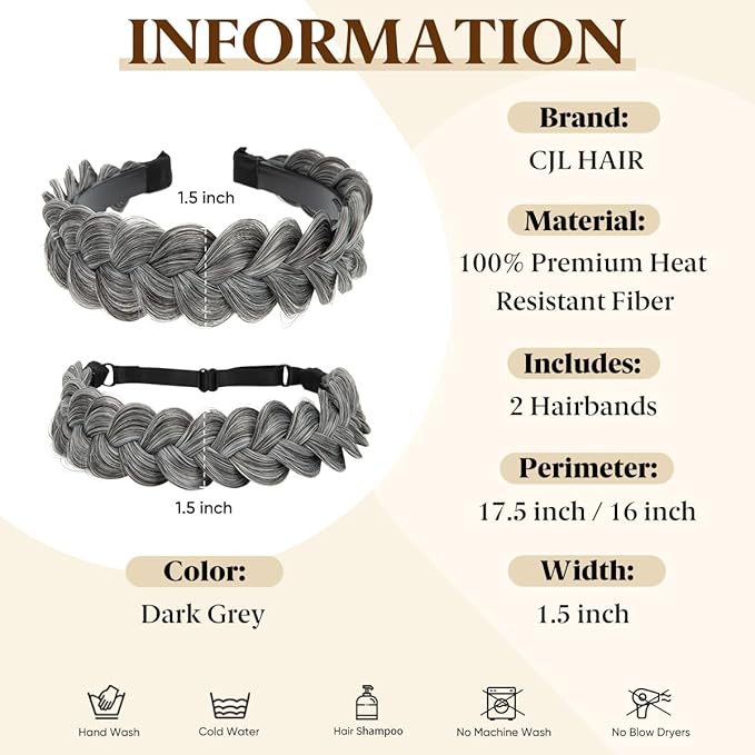 CJL HAIR 2PCs Braided Headbands Hair Piece for Women Synthetic Hair Hoops Head Bands Handmade Braid Hairband Accessories Elastic Stretch Headwrap Dark Grey