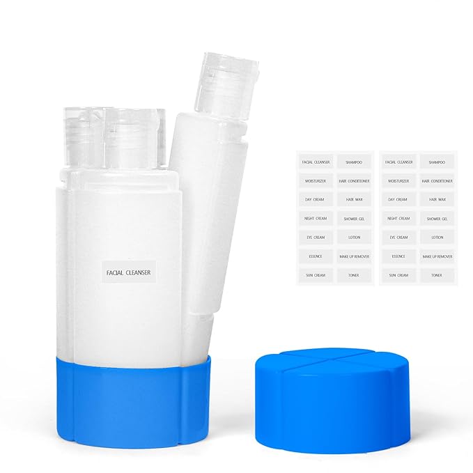 Olatay Travel Bottle, TSA approved 4-in-1 Leak-Proof Bottle, 4 * 60ml/2oz, with 2 Pre-printed Labels for Travel Gym Camping, Carry-On Travel Size Toiletries Shampoo Lotion Bottle for Women Men（Blue)