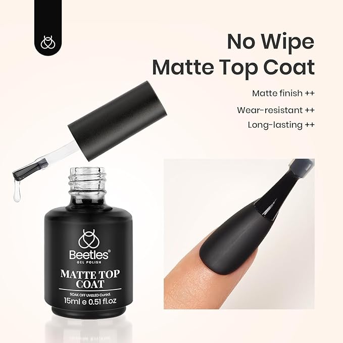 Beetles Matte Gel Top Coat,0.51 fl oz / 15 ml No Wipe Top Coat for Gel Nail Polish,Powder-Resist Matte Finish for Chrome Powder Nail Art,UV/LED Cure