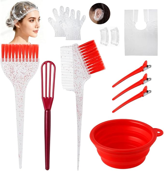 MOONMINI Hair Dye Color Brush and Bowl Set, Color Bowl Brushes Tool Mixing Bowl Kit Tint Comb for Hair Tint Dying Coloring Applicator (Red&Clear)