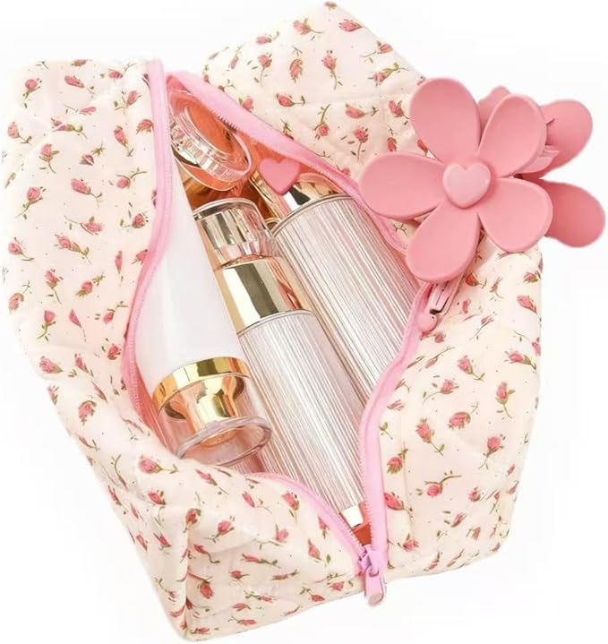MZLUWM Floral Makeup Bag,Floral Quilted Makeup Pouch,Large Cosmetic Bag,Fashionable Travel Makeup Pouch, Cute Pink Makeup Bag,Puffy Coquette Make up Bag, Attractive Quilted Make up Bag