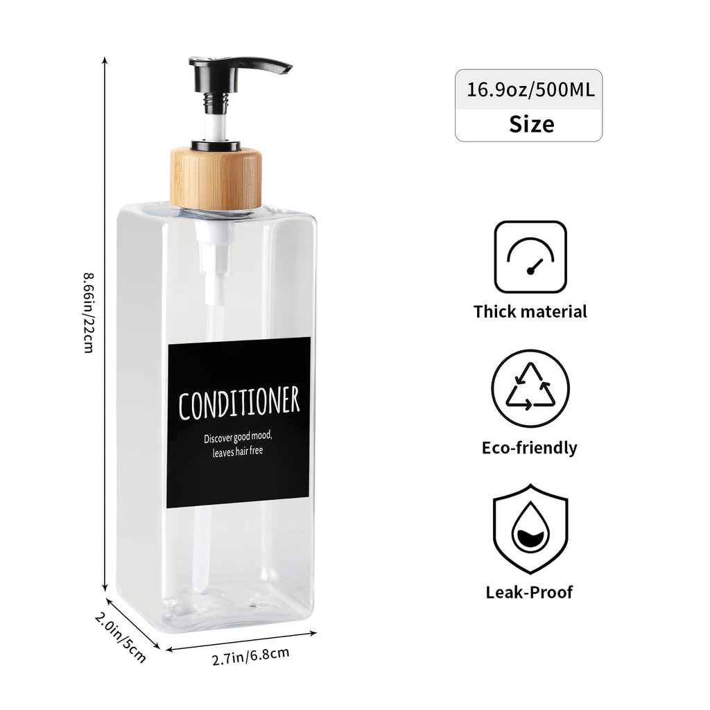Shampoo and Conditioner Dispenser, Set of 3 16.9oz Refillable Shower Bottles Soap Dispenser with Waterproof Labels, Empty Plastic Bamboo Pump Body Wash Dispenser Set for Bathroom Hotel Tawny