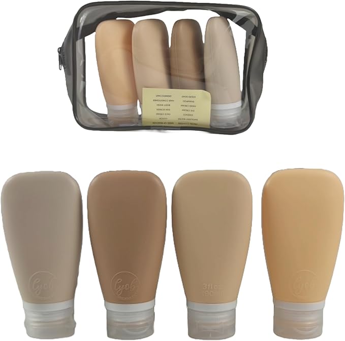 LYOB Travel Bottles for Toiletries, TSA Approved 3 oz Leak Proof Silicone Refillable Squeeze Travel Size Containers BPA Free for Cleansers, Lotions, Shampoo w/Clear Bag (Earth Tone Colors)