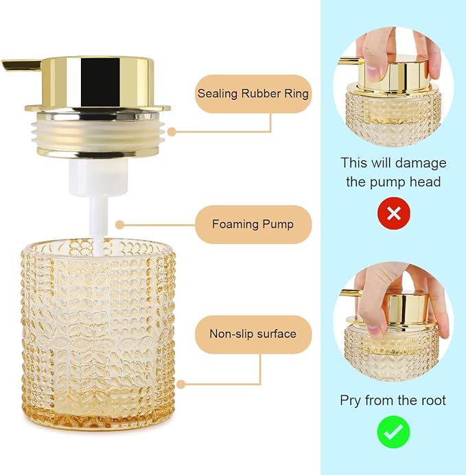 Fvstar Amber Glass Foaming Soap Dispenser, 2pcs Refillable Foam Soap Dispenser with Gold Pump, Glass Lotion Container Bottle for Kitchen and Bathroom Countertop,Wide-Mouthed and Easy to Press