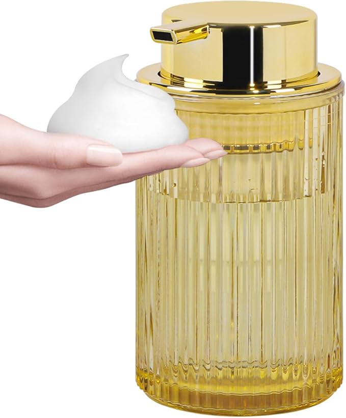 Tonxus Foaming Soap Dispenser, 12 Oz Amber Glass Foam Hand Soap Dispenser, Refillable Lotion Soap Dispenser with Removable Pump for Kitchen Hand Wash Dispenser, Modern Slim Ribbed Bottle for Decor