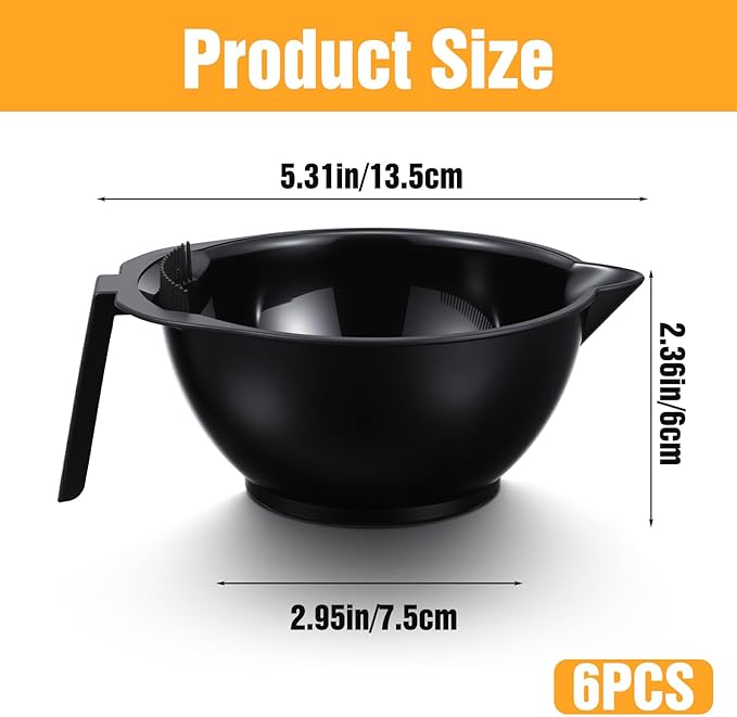 zisiueel Hair Dye Bowl Set - 6 Black Hair Color Mixing Bowls with Measurements, Pour Spout, Handle & Combed Edge - Reusable Salon Hair Coloring Bowls for Professional or Home Use ﻿