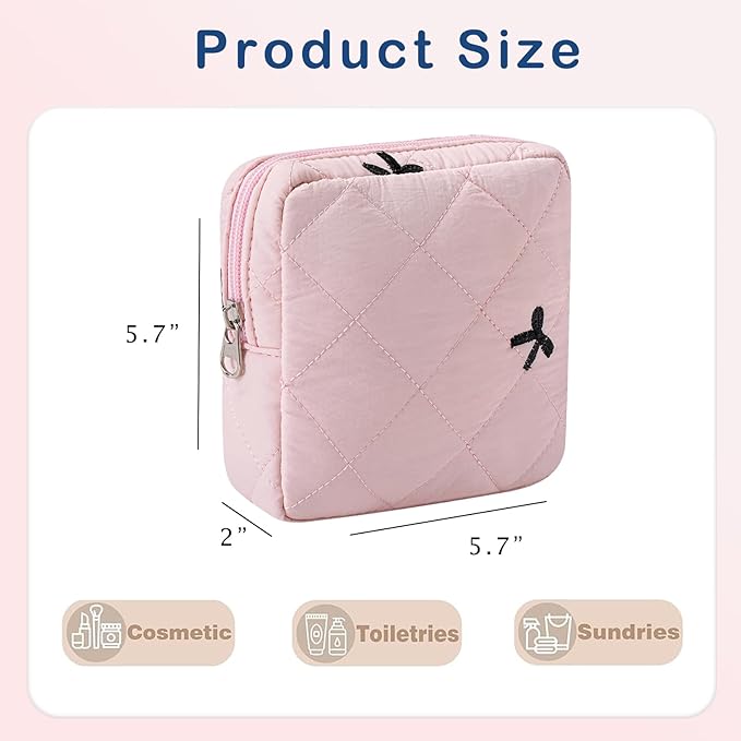 RSRSLEII Small Quilted Cosmetic Pouch for Purse, Mini Cotton Makeup Bag with Compartments, Cute Zipper Lipstick Holder for Women (04Pink Black Bow)