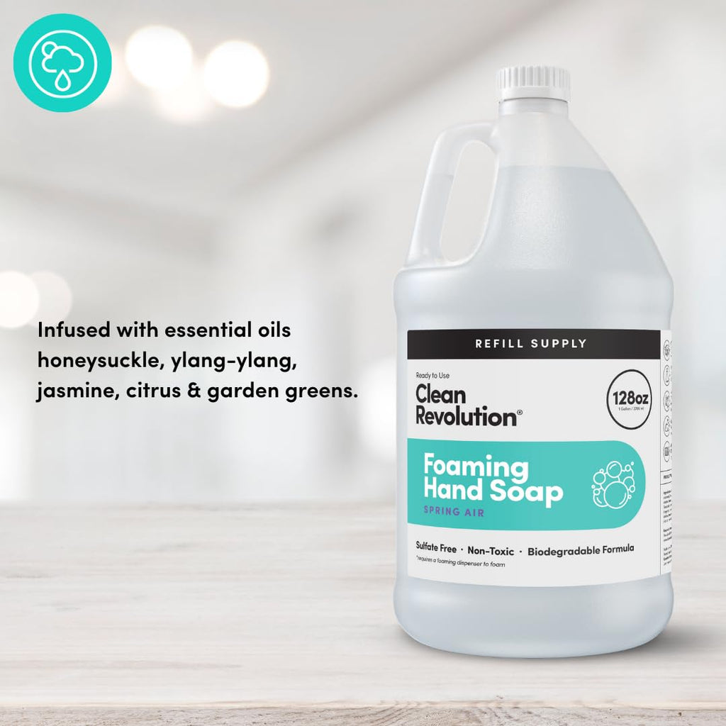 Clean Revolution Foaming Hand Soap Refill with Real Essential Oils, Moisturizing Sulfate-Free Hand Soap, Ready-to-Use Foam Soap Refill for Kitchen & Bathroom (Spring Air, 128oz)