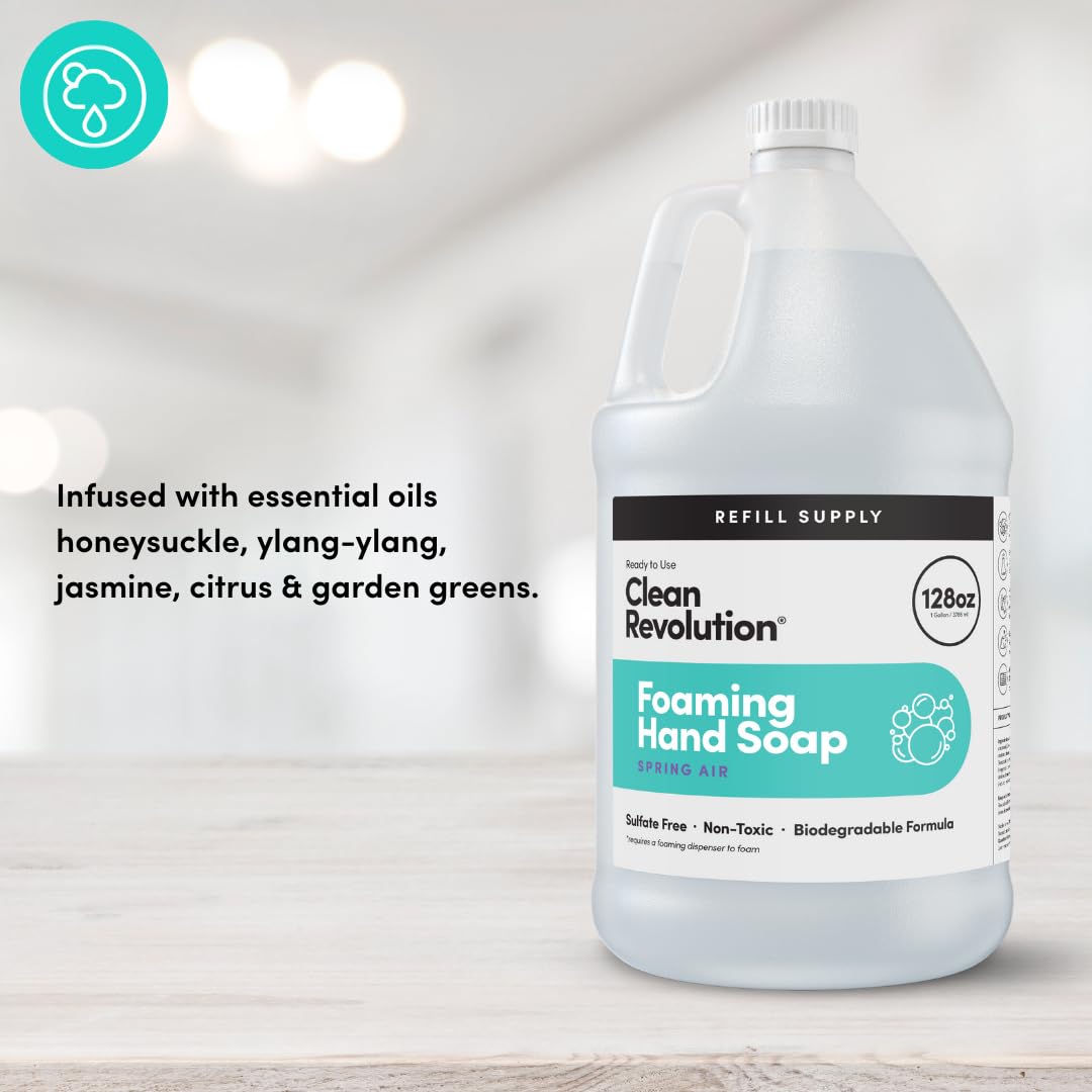 Clean Revolution Foaming Hand Soap Refill with Real Essential Oils, Moisturizing Sulfate-Free Hand Soap, Ready-to-Use Foam Soap Refill for Kitchen & Bathroom (Spring Air, 128oz)