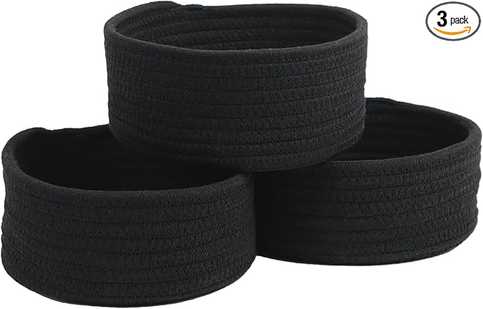 Small Basket, Set of 3 Woven Baskets, Cotton Rope Small Baskets for Organizing, Cute Mini Tiny Storage Basket for Gifts, Decorative Boho Round Bathroom Organization Bin (Black)