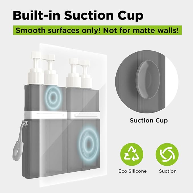 TechoEcho 4 in 1 Travel Toiletry Containers,TSA Approved Refillable Travel Size Toiletries Bottles Set with Suction Cup for Smooth Walls - for Shampoo,Conditioner,Body Wash,Lotion.(Grey)