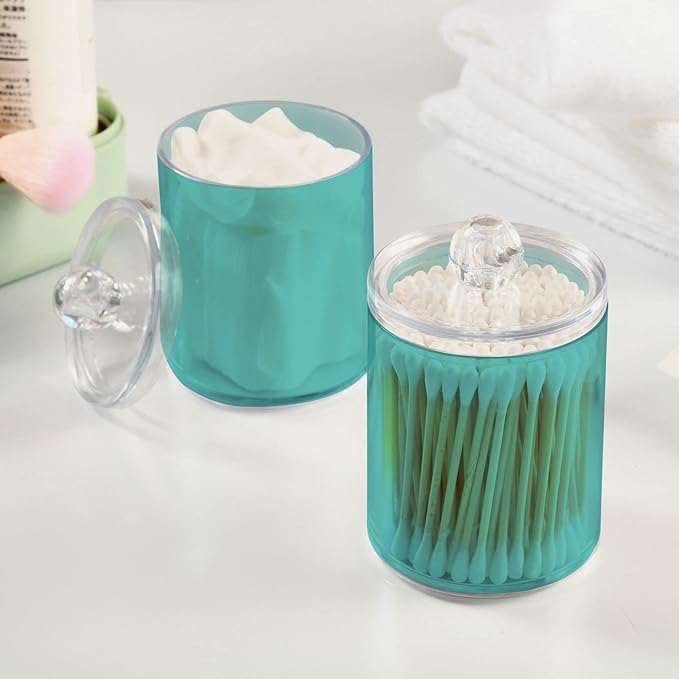 Pale Turquoise Qtip Holder Organizer Dispenser Cotton Swabs Cans Plastic Jars with Lid Set 4 Pack Bathroom Storage Canister for Cotton Ball Floss Cotton Pads