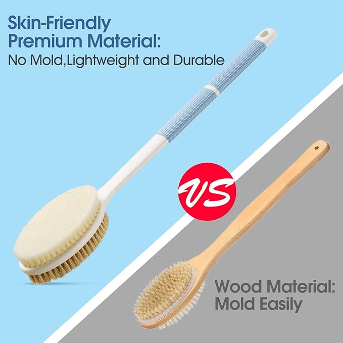 Wonsagain Back Scrubber Anti Slip Long Handle for Shower, Dual-Sided Back Brush with Stiff and Soft Bristles,Body Exfoliator for Bath or Dry Brush.