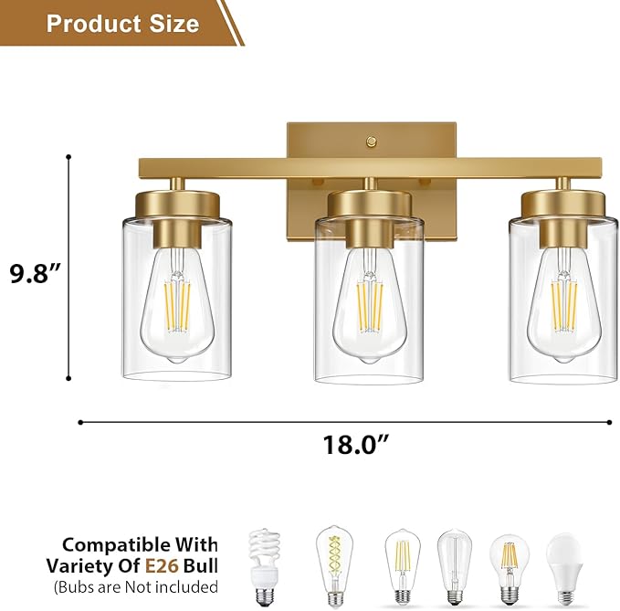 IZORRO Modern Bathroom Light Fixtures, 3 Light Brushed Gold Vanity Lights, Bathroom Lighting Fixtures Over Mirror with Clear Glass for Living Room Cabinet Bedroom