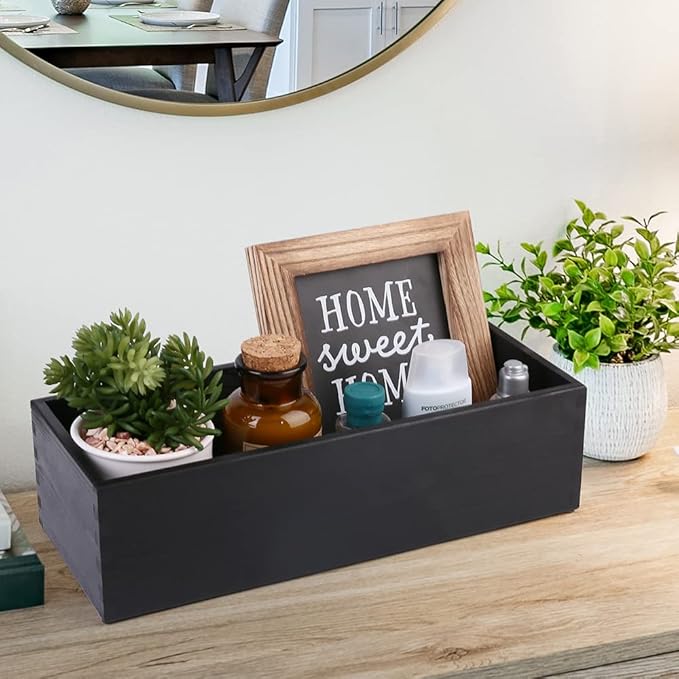 LotFancy Bathroom Decor Box, 2 Pack Wooden Toilet Paper Holder, Black Toilet Tank Storage Basket, Farmhouse Rustic Back of Toilet Tray