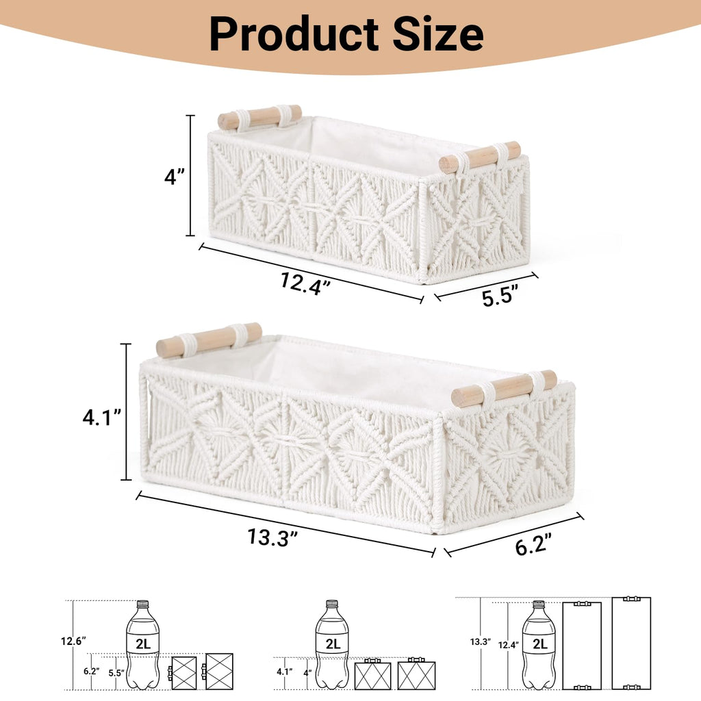 Nonam 2pc Macrame Storage Baskets, Boho Woven Boxes for Home Org, White